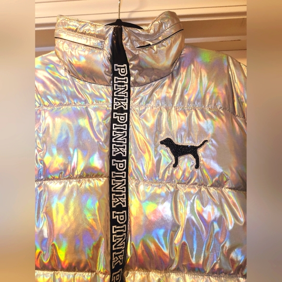 NWT Victoria's Secret Pink Silver Iridescent Puffer Jacket. - Picture 2 of 7